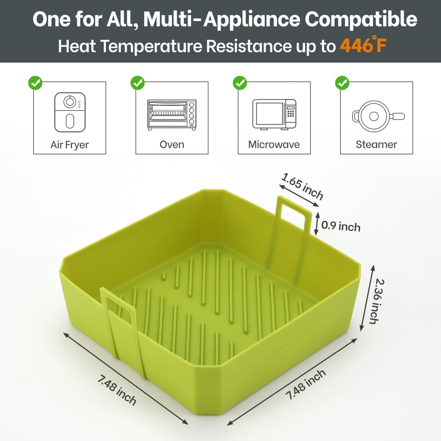 NEWITEE Air Fryer Silicone Liners - 5QT Reusable Square Liners with Handles, 2 Pack, BPA Free Platinum Silicone