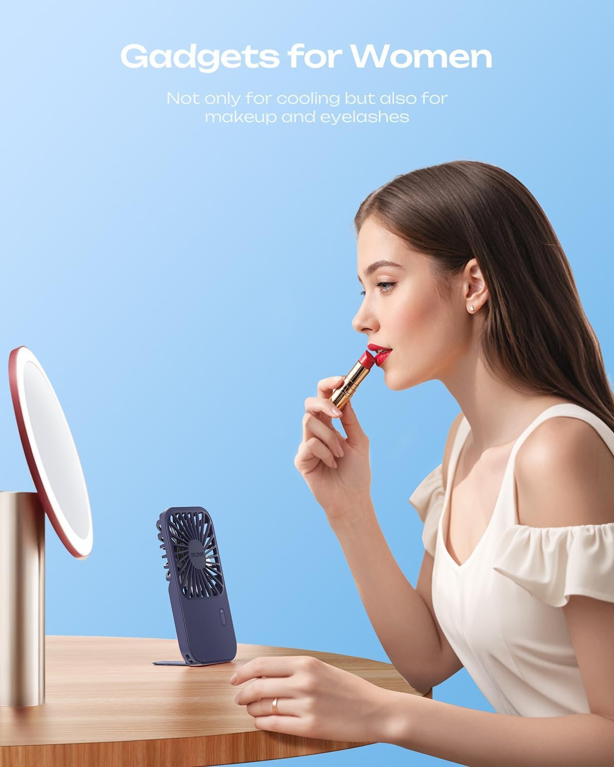 Otlonpe Rechargeable Mini Handheld Fan - Portable Battery-Powered Design | 3-Speed, Foldable Stand, Blue