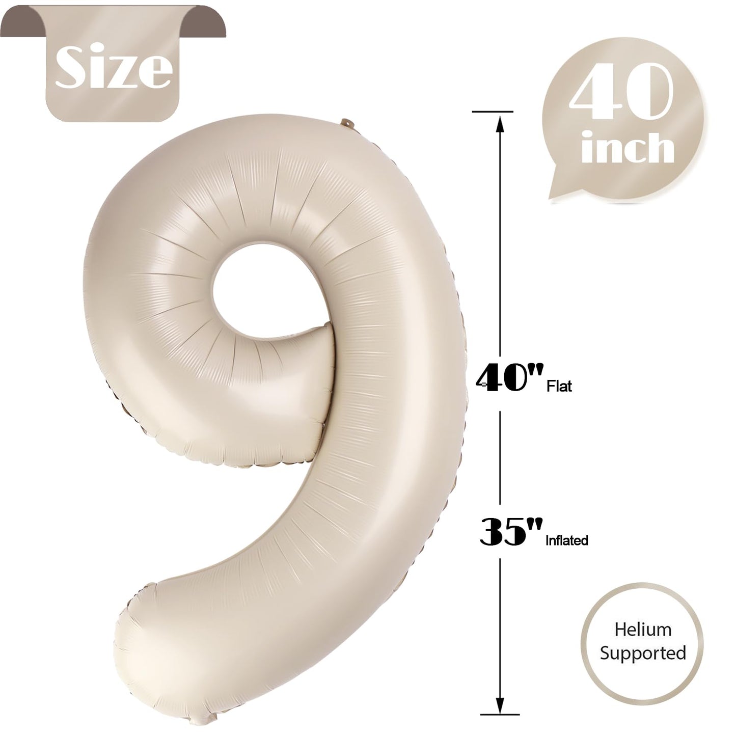 Cream Number 9 Balloon 40 Inch, 9th Birthday Party Decorations for Children, Giant 9 Foil Balloon for Party Supplies