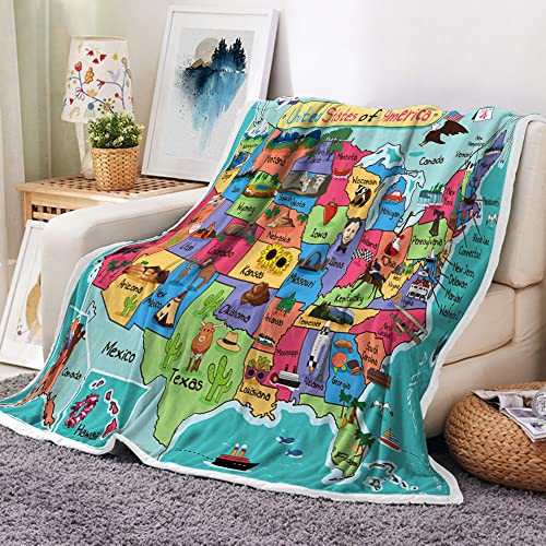 Kids USA Throw Blanket, Fun Facts Geography Camping Blankets and Throws for Bed, Animal Map Fleece Flannel Blanket for Sofa Couch Girls Boys Children Room Decor,50X60in