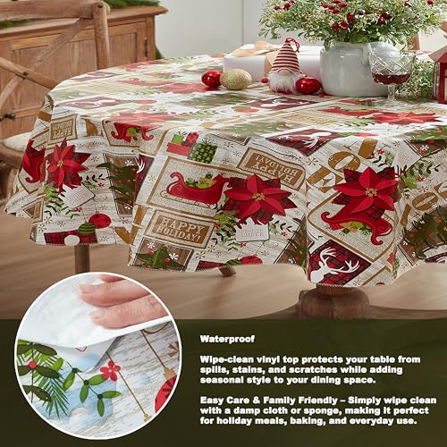 Newbridge Christmas Ivory Sleigh Bells 60 x 84 Oval Vinyl Tablecloth