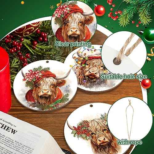 Suzile 24 Pcs Highland Cow Christmas Ornament Wooden Coo Highland Cow Hanging Sign for Christmas Tree Farm Animal Themed Christmas Ornament with Ropes for Cow Lover Farm Xmas Party Decor (Cute)