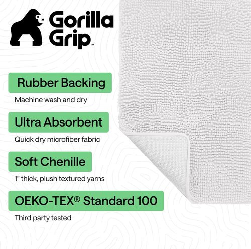 GORILLA GRIP Bath Rug Mat - Soft Absorbent Chenille | Quick Dry Microfiber, 54x24, White