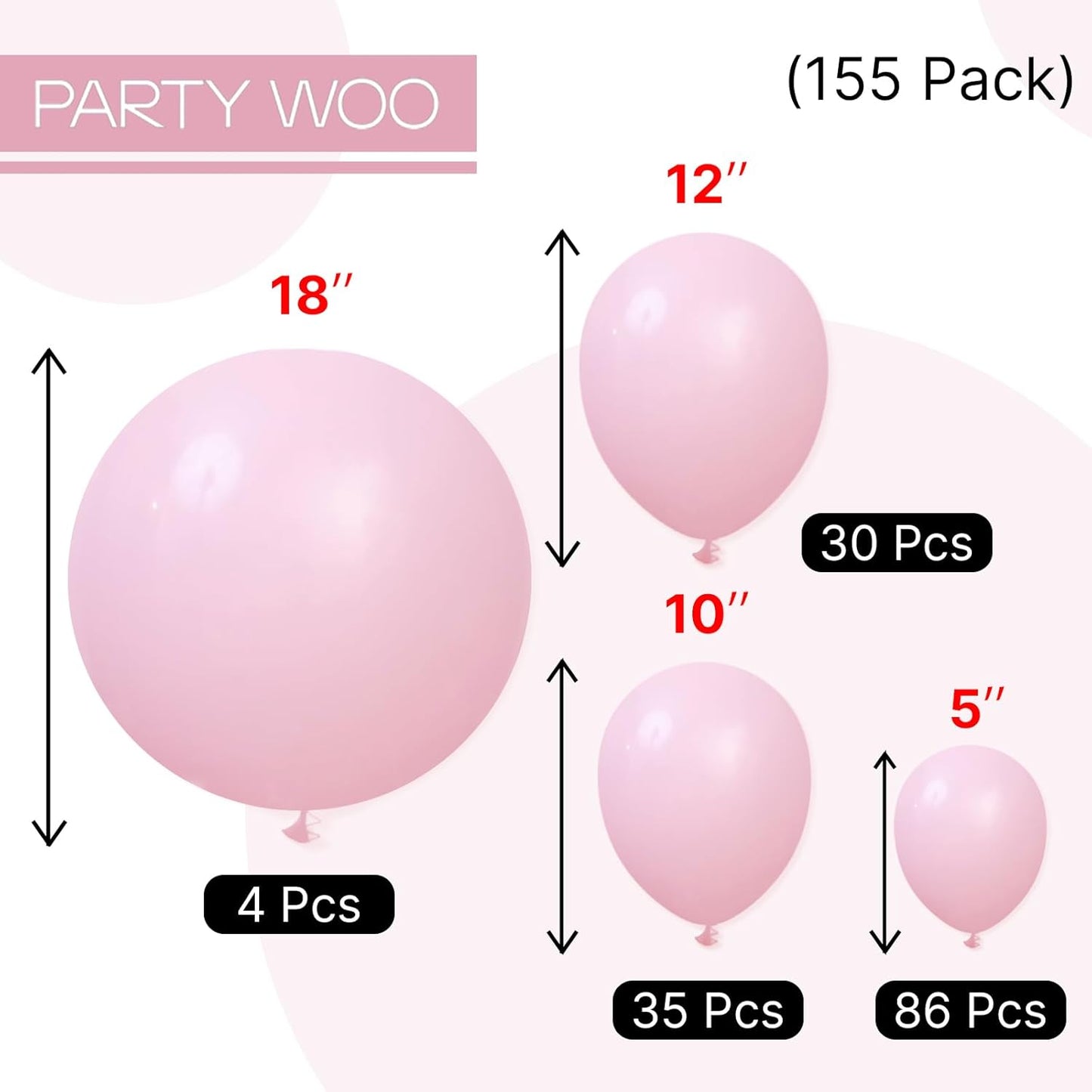 PartyWoo Light Pink Balloon Arch Kit - 155pcs in Various Sizes for Baby Shower & Birthday Decor