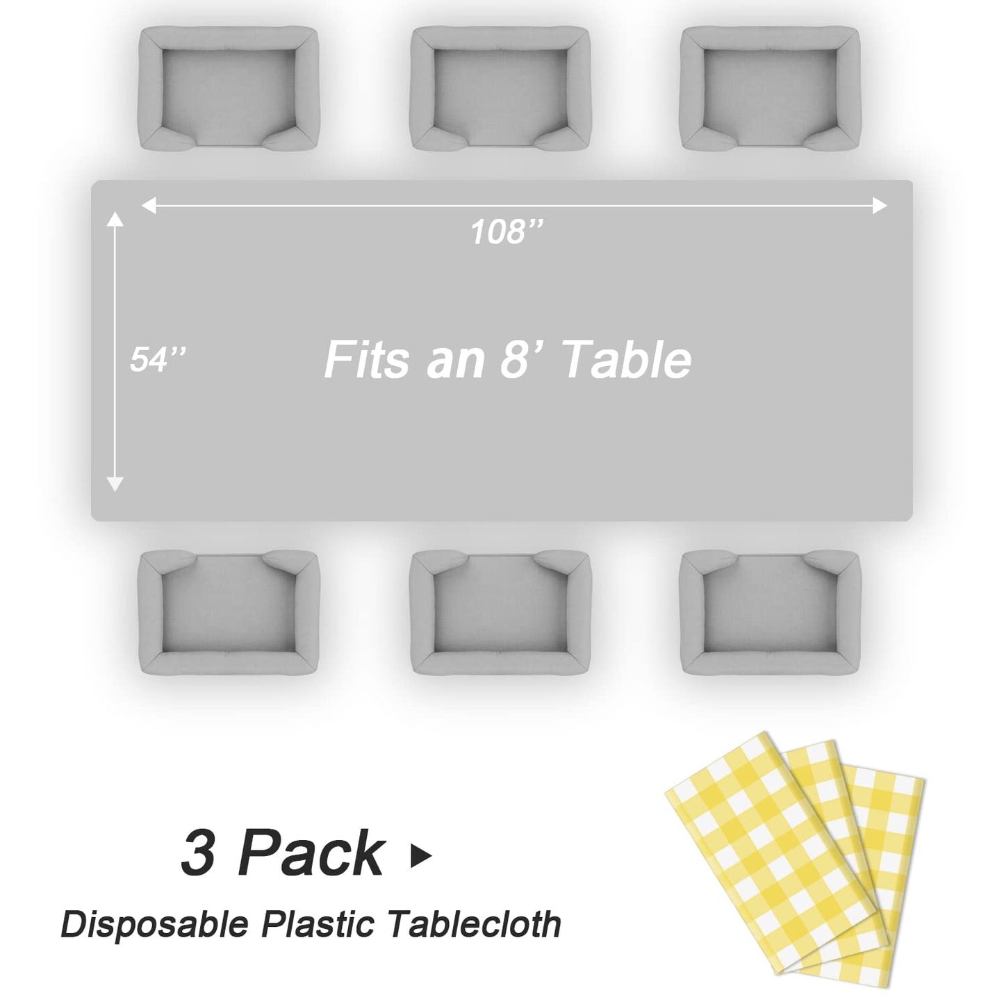 QIKSION Yellow Gingham Tablecloth Disposable 3 Pack, 54 x 108 Inch Yellow and White Checkered Table Cloth for Easter Decorations, Birthday Party Supplies, Rectangle, Plastic Table Cover