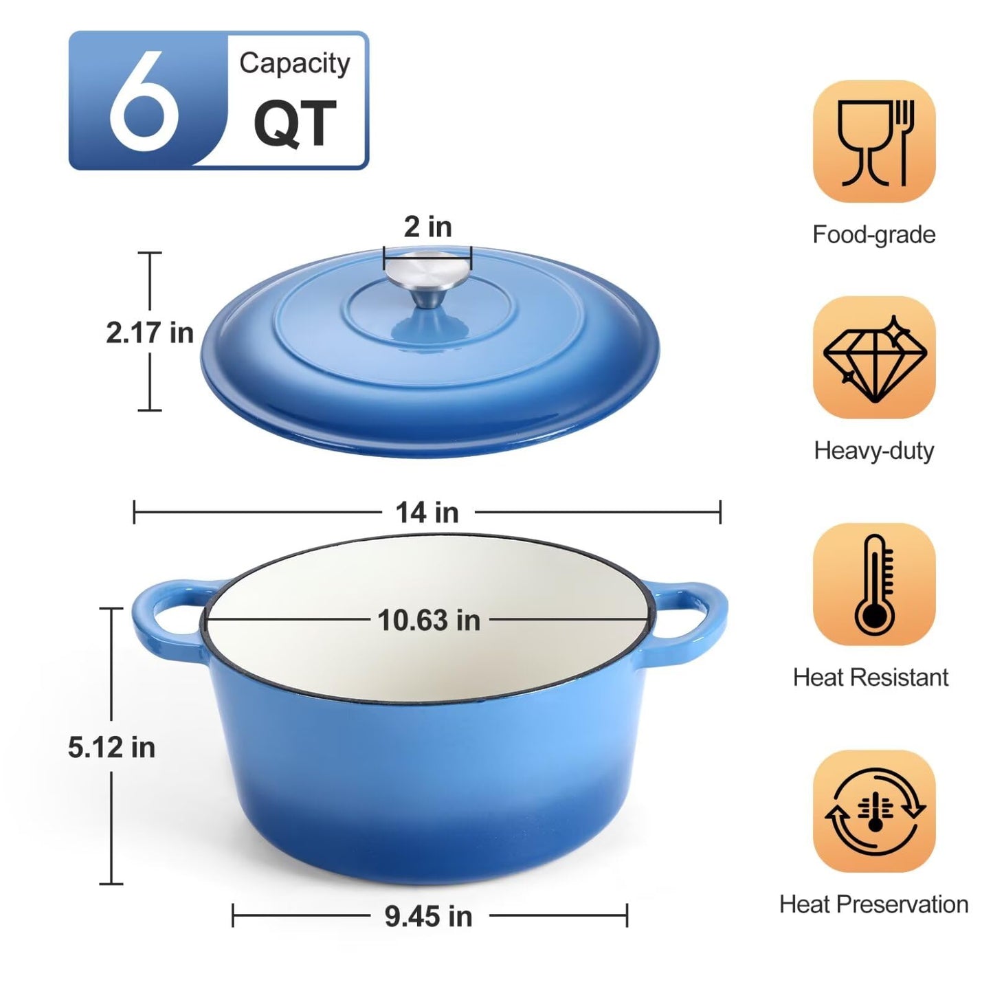 P&P CHEF 6QT Enameled Dutch Oven, Cast Iron Dutch Oven Pot with Lid for Bread Baking, Enameled Casserole Pot for Roasting Braising Stewing Frying Simmering, Various Stoves & Easy Clean, Blue
