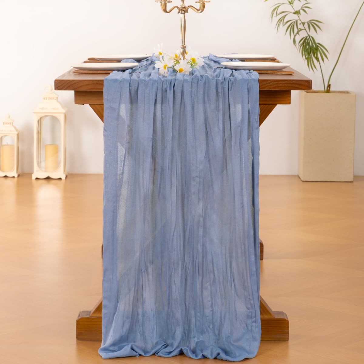 Socomi 6pcs Dusty Blue Summer Cheesecloth Table Runner Boho Rustic Gauze 120 inch 10FT Cheese Cloth Sheer Runner for Wedding Party Baby Shower Birthday Home Decor Holiday Decorations