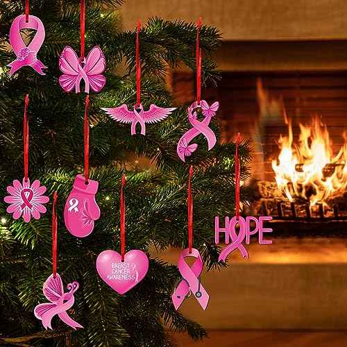 12 Pcs Christmas Hanging Ornaments for Tree Pink Ribbon Breast Cancer Awareness Sign Double Sided Wooden Pendants Christmas Ornaments for Xmas Tree Party Decor
