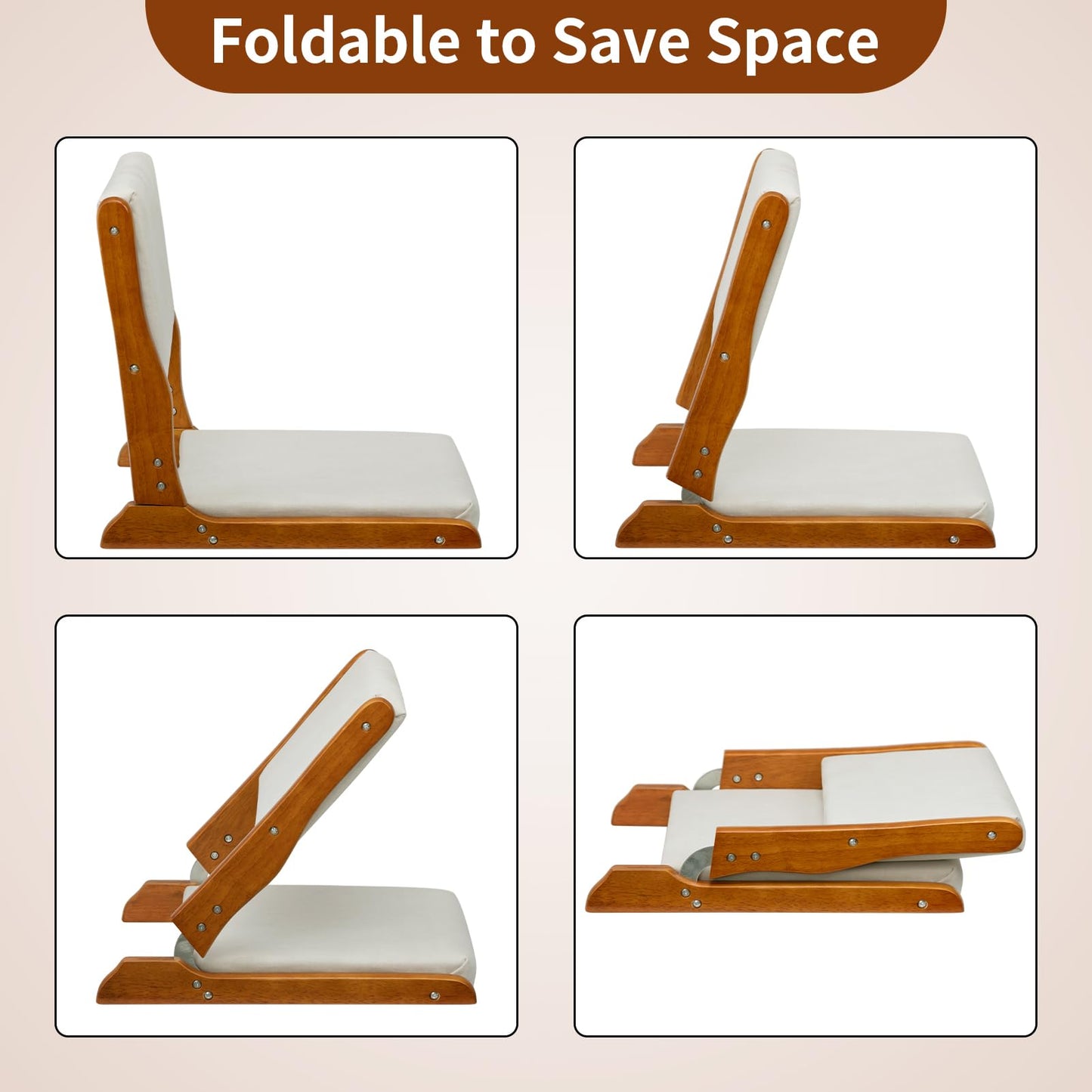 HollyHOME Floor Chair with Back Support, Foldable Japanese Style Floor Chair, Wood Legless Tatami Chair with Cushion, Accent Meditation Floor Seat for Bay Window, Living Room, Bedroom, Beige