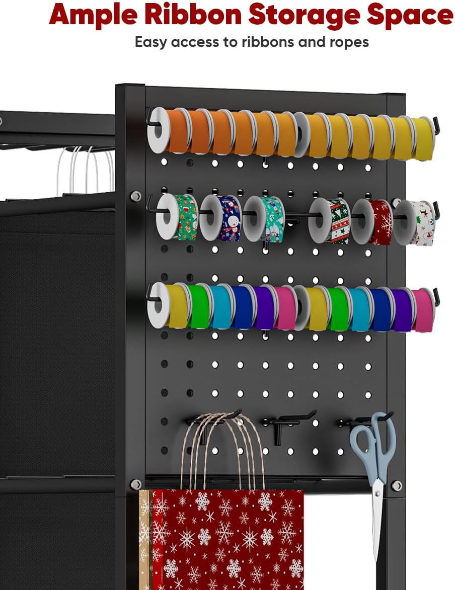 Skiennix Wrapping Paper Storage Organizer - Rolling Gift Wrap Station with Wheels & Ribbon Holder | Black