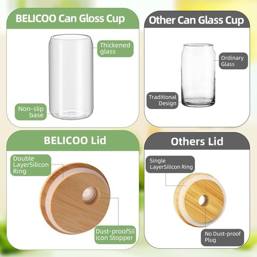 BELICOO 4PCS Glass Cups with Lids and Straws, 17oz Drinking Glasses with Bamboo Lids and Glass Straw, Ice Coffee Cups Glasses Set for Beer, Cocktail, Tea, Coke, Juice, Soda