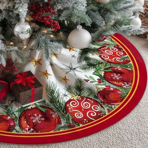 CROWNED BEAUTY Christmas Tree Skirt Collar 48 Inch Red Balls Soft Farmhouse Holiday Decoration (Red) TS38