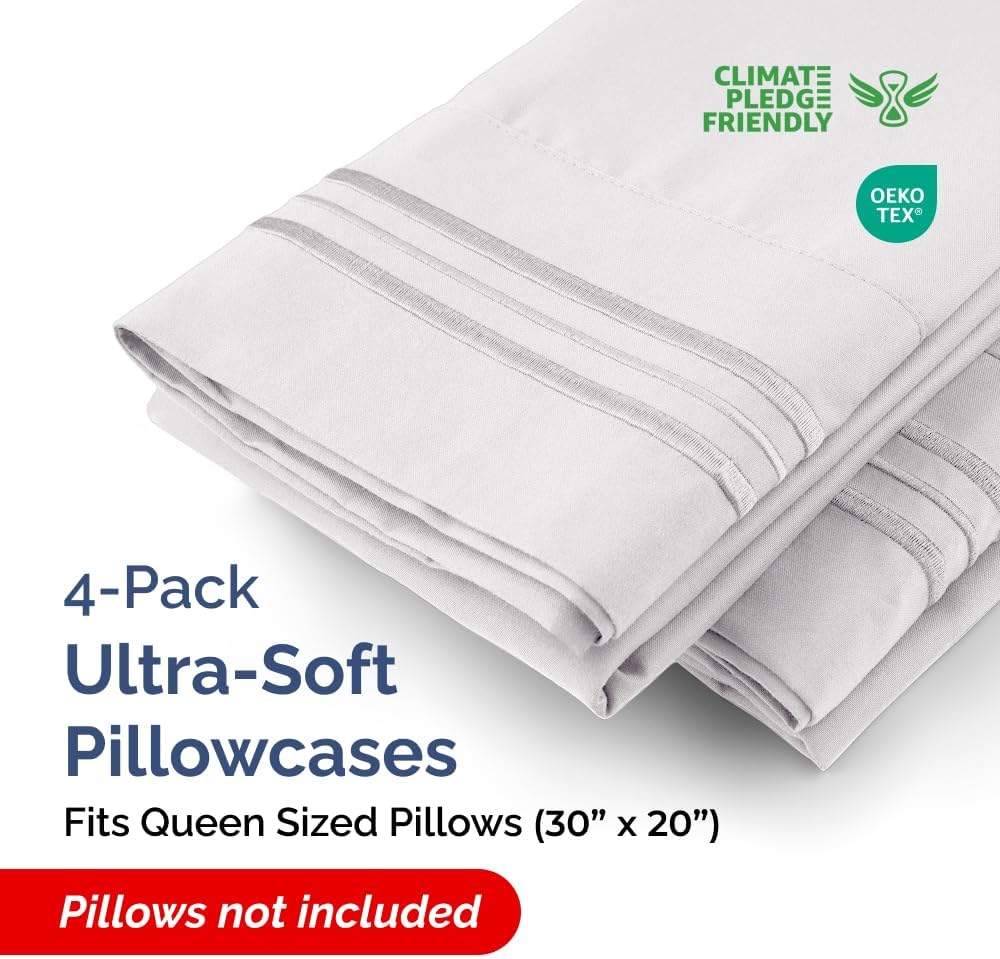 Queen Pillow Cases Set of 4 | Ultra Soft Hotel Quality Covers - Cozy, Wrinkle-Free & Fade Resistant - French Grey