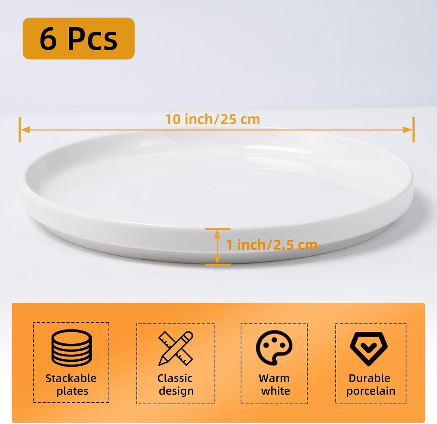 Skiennix White Dinner Plates Set of 6 - 10 Inch Porcelain Dessert & Salad Plates | Microwave & Dishwasher Safe