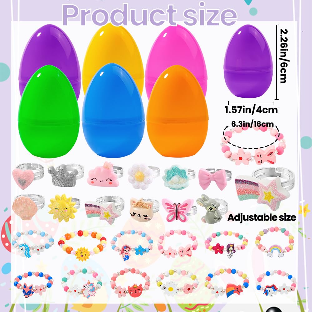 Vellibring 12 Pack Prefilled Easter Eggs with 24pcs Bracelets Rings Easter Basket Stuffers Egg Fillers for Girls Party Favors Kids Toddler Easter Presents