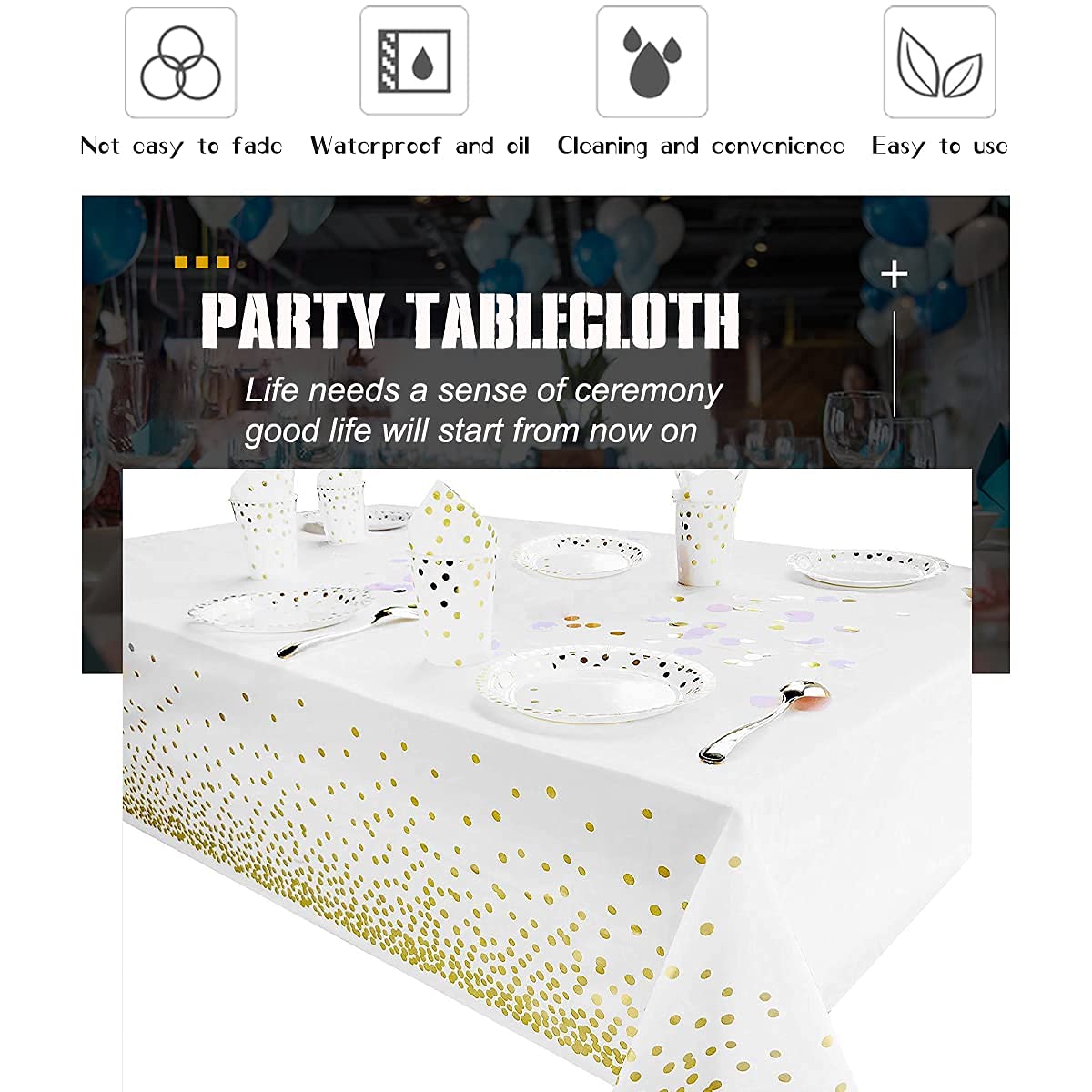 2 Pack White and Gold Tablecloth Disposable Gold Tables Tablecloths for Rectangle 54" x 108" Plastic Tablecloth Party Table Covers for Birthday Thanksgiving Christmas Wedding Outdoor BBQ (White)
