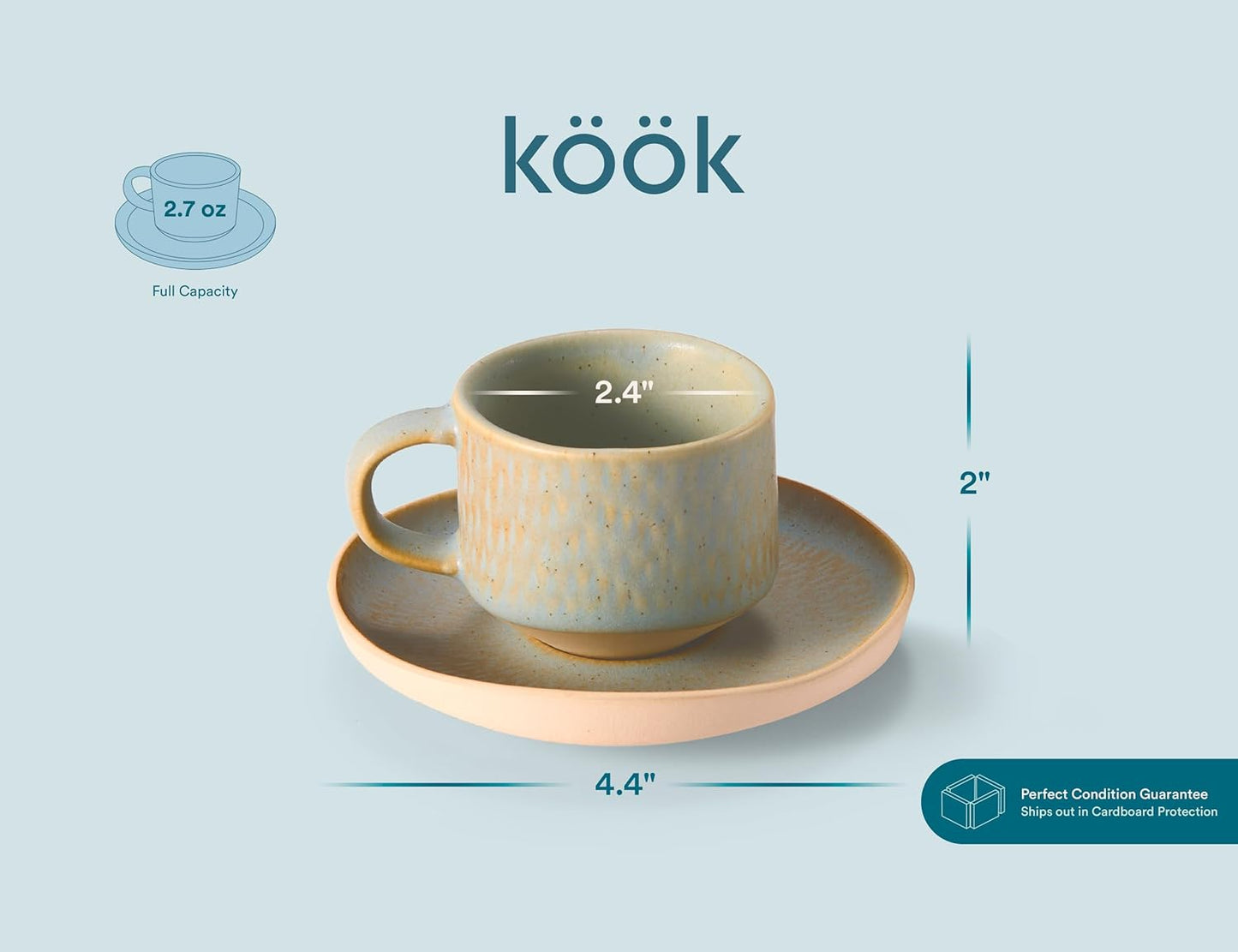 KooK Espresso Mug and Saucer Set - Rustic Ceramic Cups with Feathered Texture | Dishwasher & Microwave Safe, 2.7 oz, Set of 4