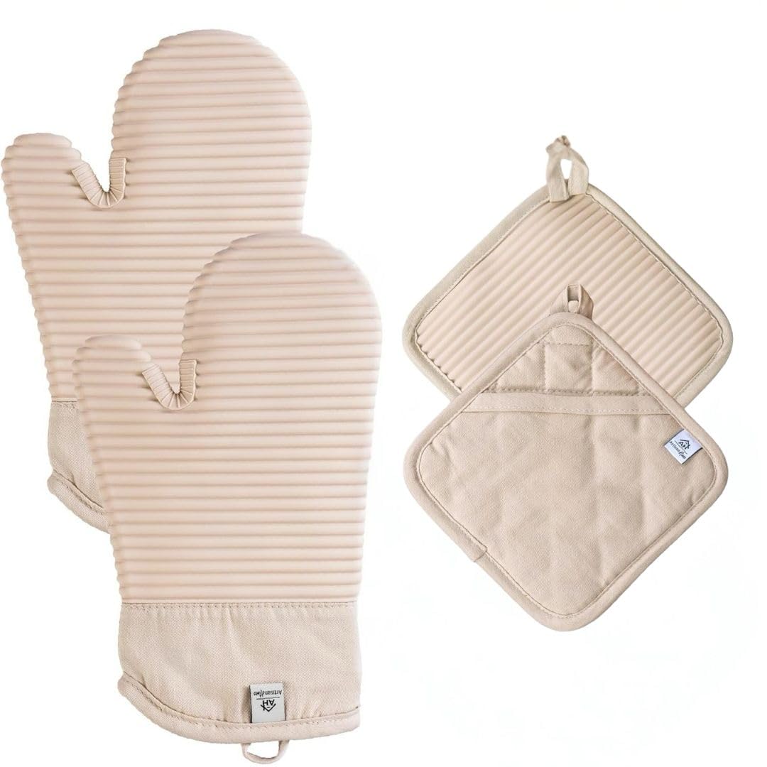 Extra Long Silicone Oven Mitts and Pot Holders Sets | Heat Resistant 500°F BPA-Free Food Grade Silicone Hot Pads & Kitchen Mittens | 4-Piece Set of Oven Gloves & Potholders for Kitchens.