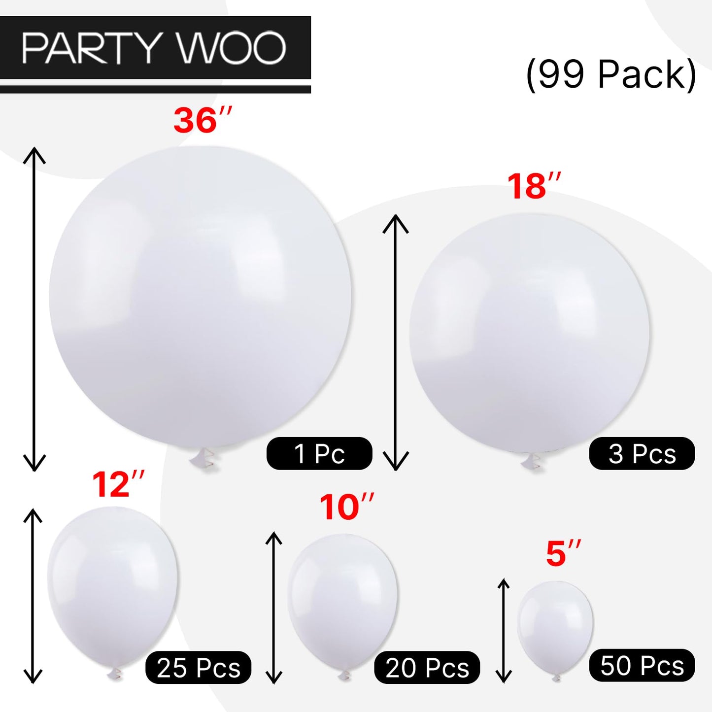 PartyWoo White Balloons 99pcs Different Sizes Pack of 36 18 12 10 5 Inch Matte White Latex Balloon Arch Kit Garland for Wedding Bridal Graduation Baby Shower Birthday Party Decorations White-Y13