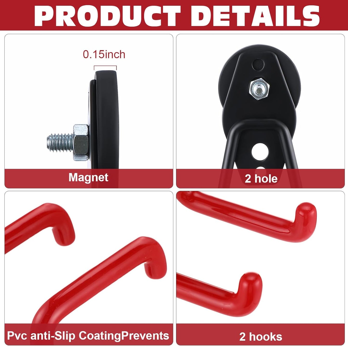 Landhoow Heavy-Duty Magnetic Hooks - 6 Pcs Large Utility Hangers with Anti-Slip Rubber Coating | Red