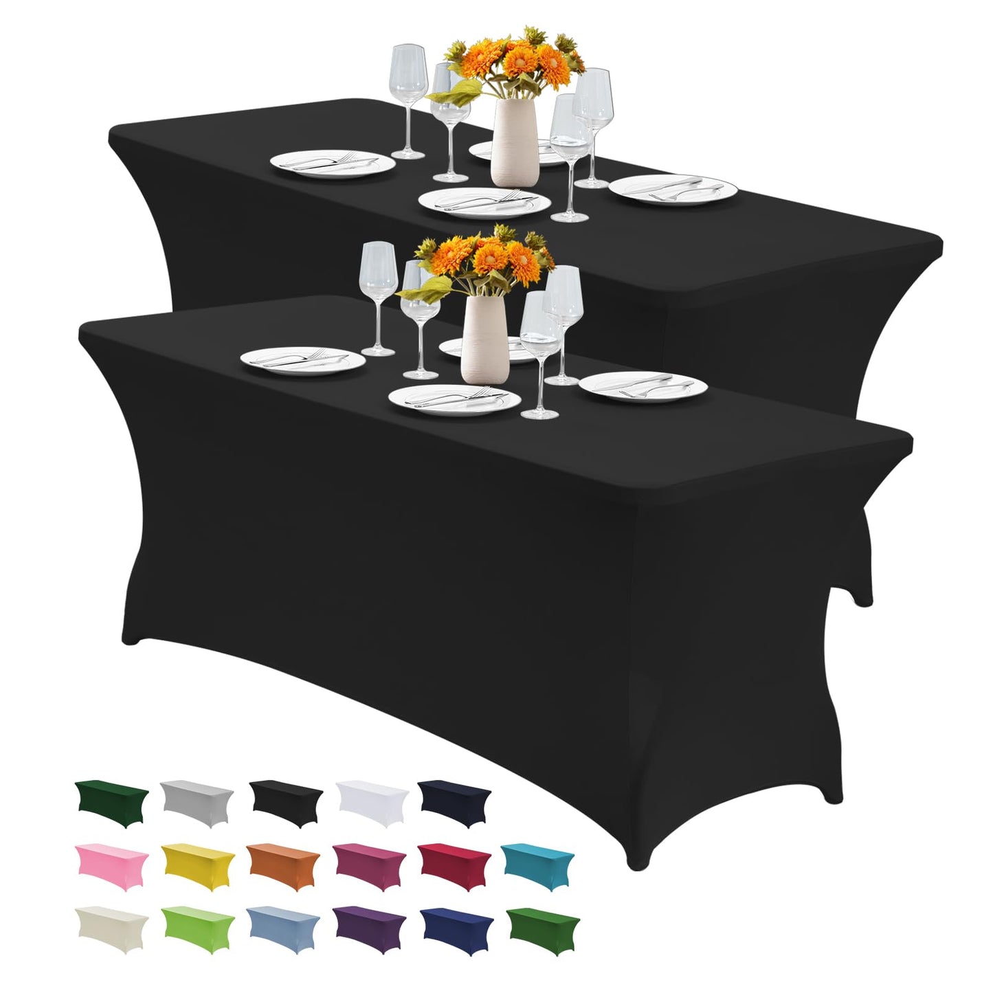 CWK 6FT 2Pcs Stretch Spandex Table Cover for Rectangular Tables - Elastic Fitted Tablecloth for Folding Tables, Wrinkle Resistant, Durable Table Protector for Parties,Weddings,Banquets &Events (Black)