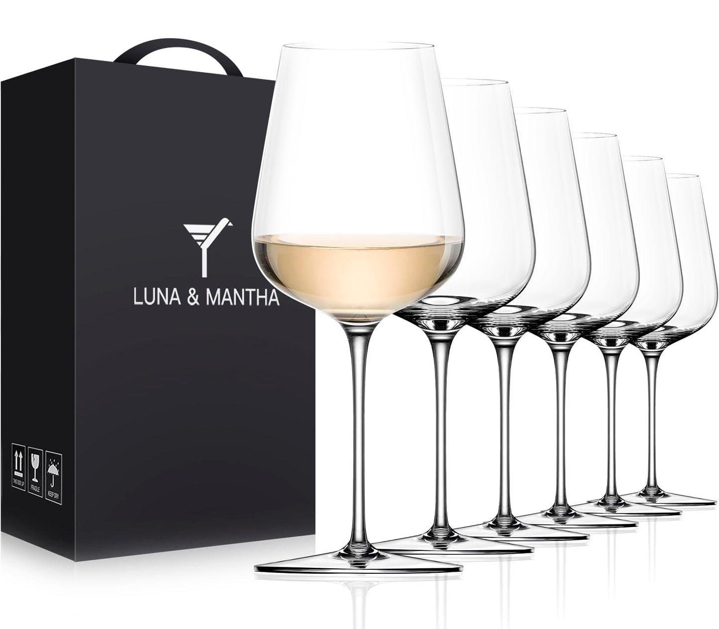 LUNA & MANTHA Wine Glasses Set of 6, Crystal White Wine Glasses with Long Stem, Hand Blown 14oz, Red White Gift Packaging for Daily Use, Father's Day, Wedding Anniversary or Birthday