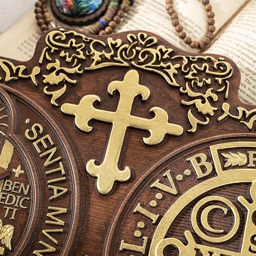 16 Inch Wooden Saint Benedict Wall Decor Medal Pendant Handmade Gold Finish
