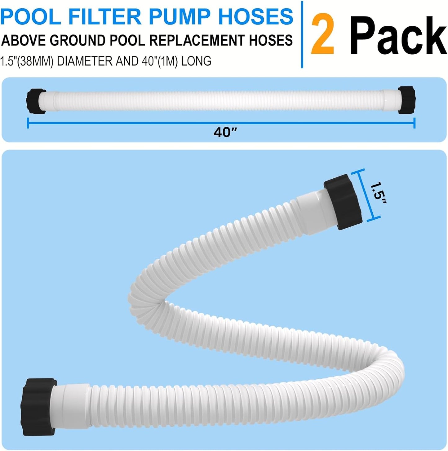 Skiennix Pool Hose Replacement - 1.5" x 40" for Above Ground Pools | Pack of 2, White, Compatible with Filters