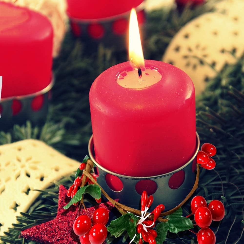 YBB Christmas Candle Rings - 8Pcs Small Red Berry Wreath Holders for 3-Inch Pillar Tapers | Rustic Wedding Decor