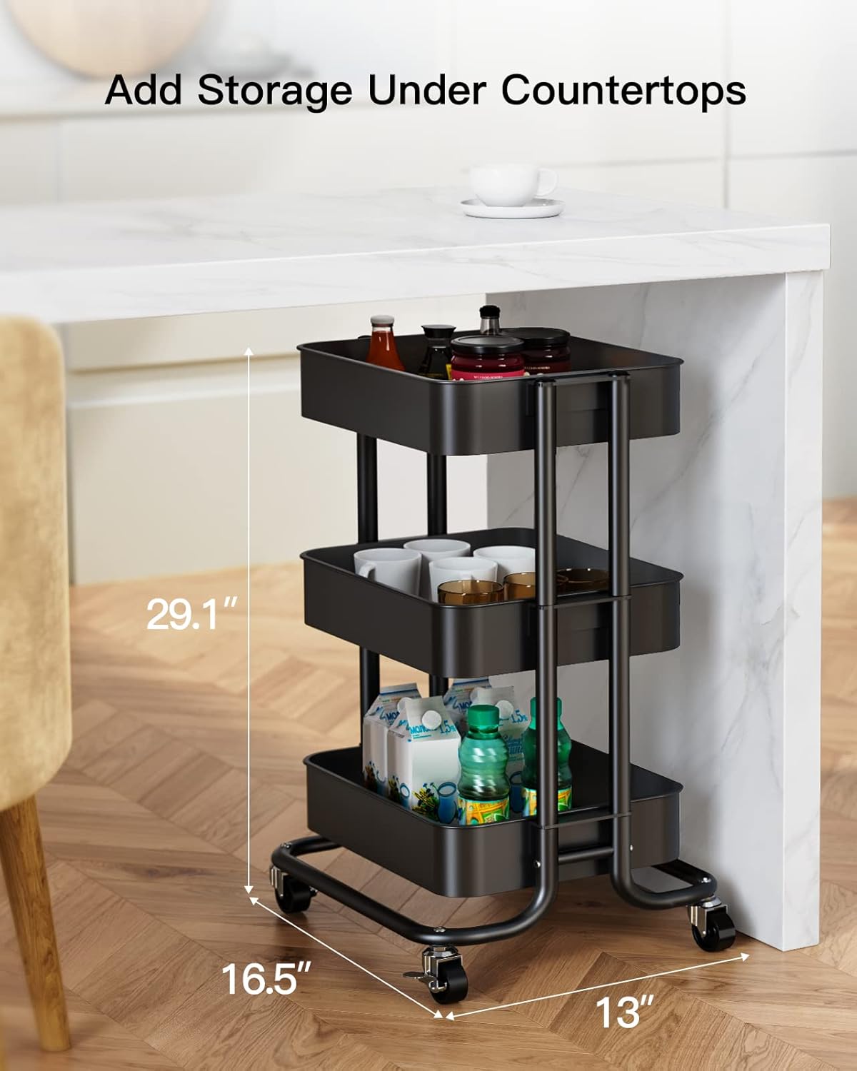Pipishell 3-Tier Metal Rolling Utility Cart - Heavy-Duty Storage with Lockable Wheels | Black