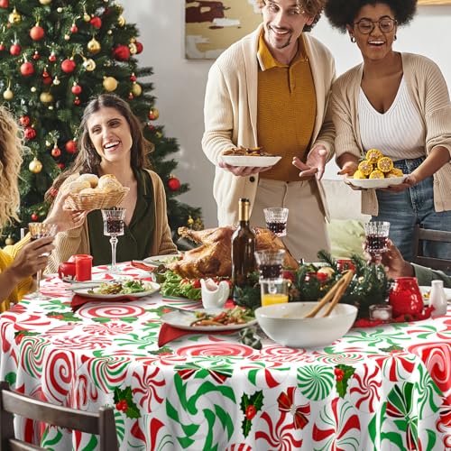 Jectivs 6-Pack 84-Inch Red Green Candy Cane Disposable Tablecloths – Round Plastic Christmas Party Cover