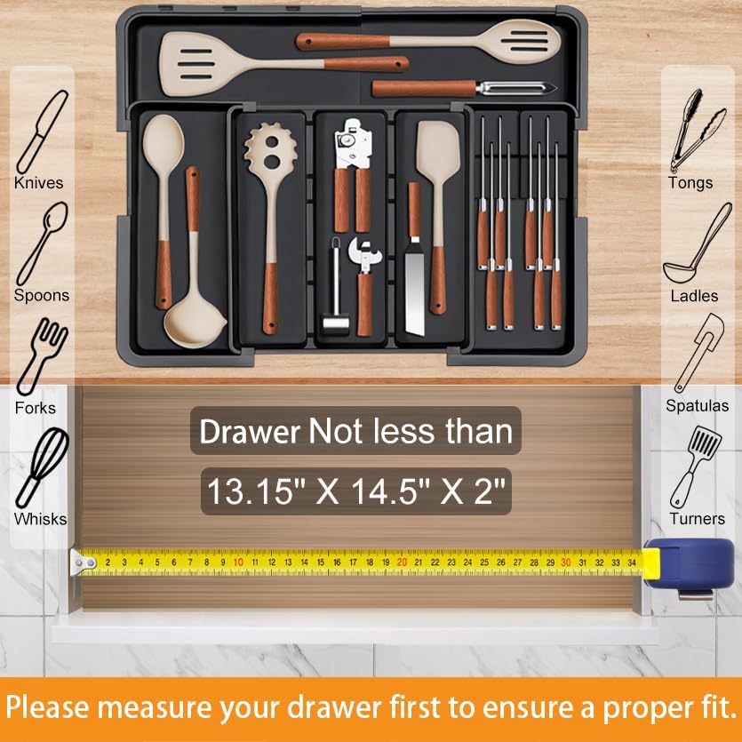 Skiennix Large Utensil Drawer Organizer - Expandable Silverware Holder with Removable Knife Block | Black