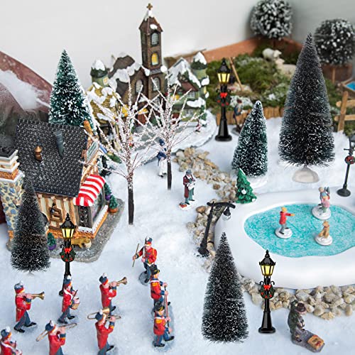 Mini Christmas Trees and Lamp Post Set - Winter Village Decor, 12 pcs