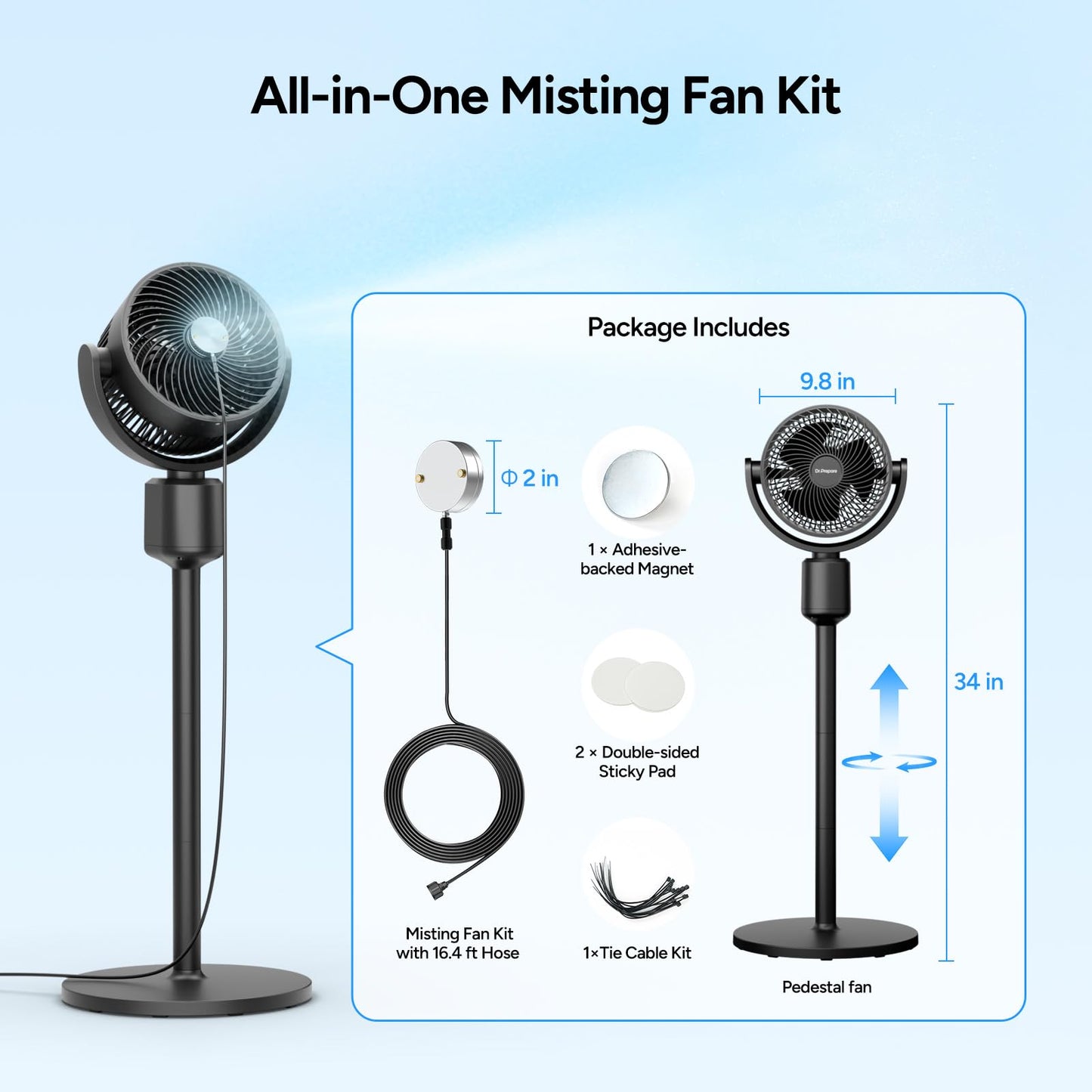 DR.PREPARE Compact Misting Pedestal Fan with Magnetic Mister, Quiet Air Circulator Standing Fan, 16-34" Adj. Height, 70°Auto-Oscillation, 90° Up+10° Down Tilt, 3 Speeds for Small‑Medium Patio Backyard