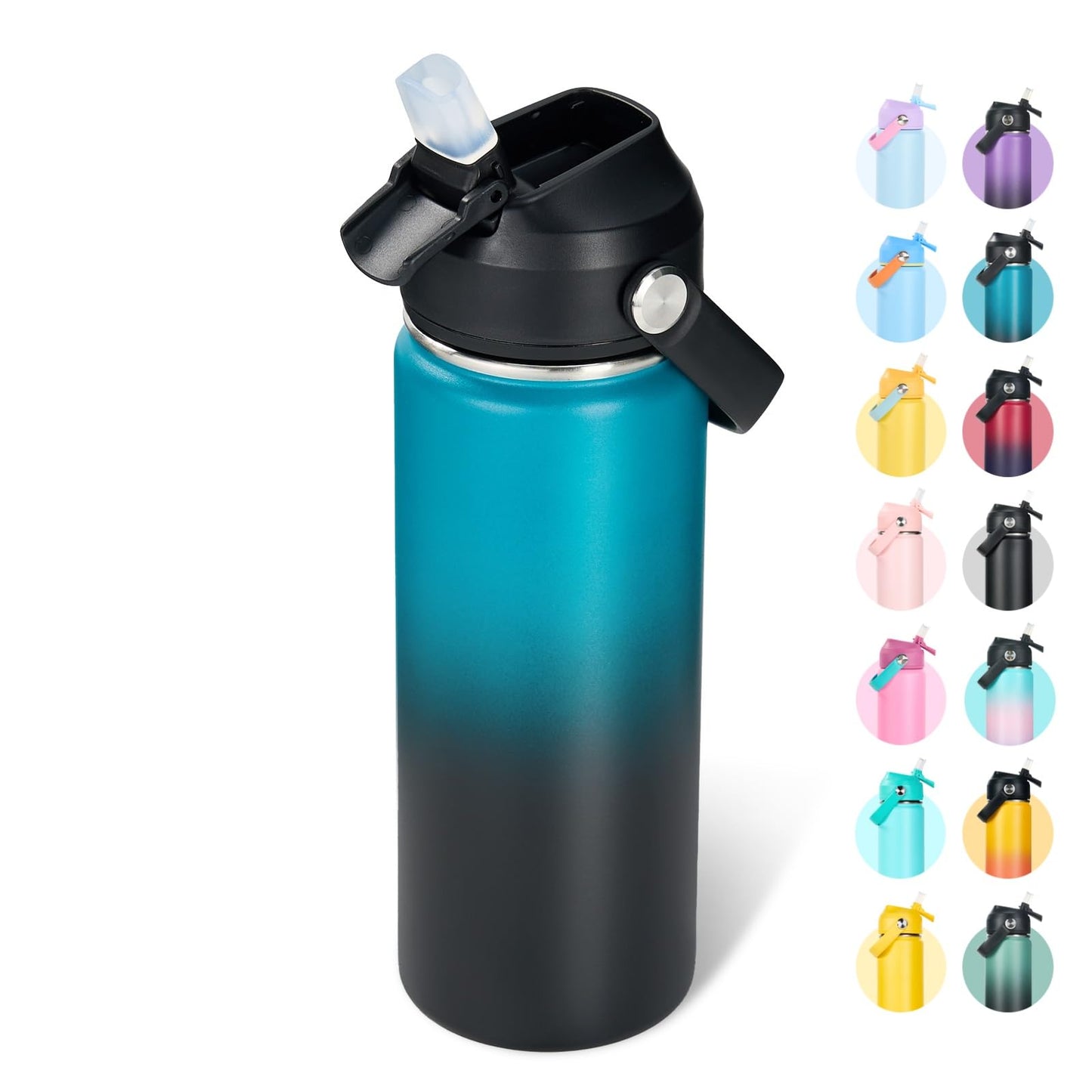Fijinhom 18oz Insulated Stainless Steel Water Bottle, Wide Mouth Double Wall Vacuum, Silicone Straw, Sweat & Leak Proof, BPA Free Insulated Water Flask for Travel, Keep Cold 24h Hot 12h, Blue