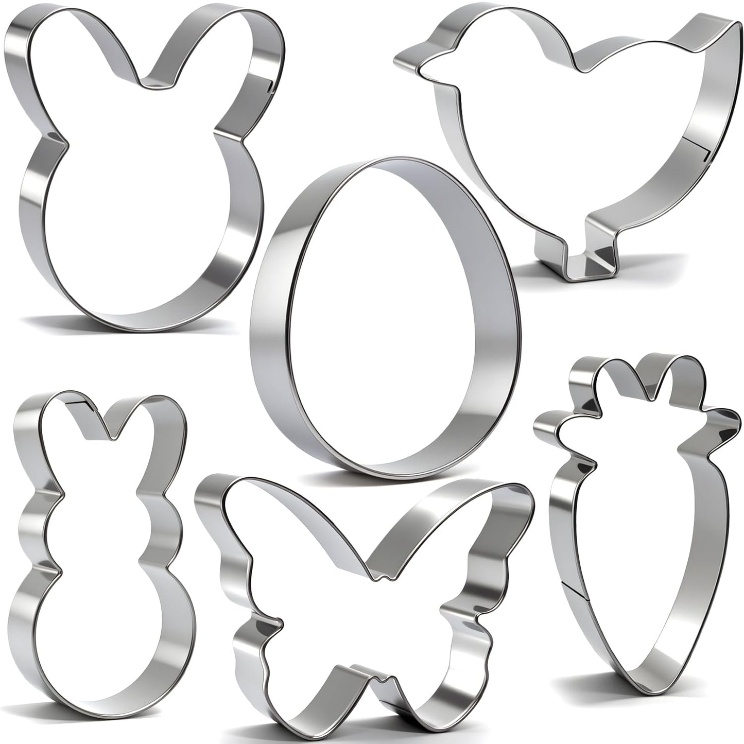 6Pcs Large Easter Cookie Cutters for Kids, 4'' Bunny Head, Egg, Chicken, Rabbit, Carrot, Butterfly Shapes, Metal Biscuit Molds for Easter Spring Holiday Themed Baking Supply