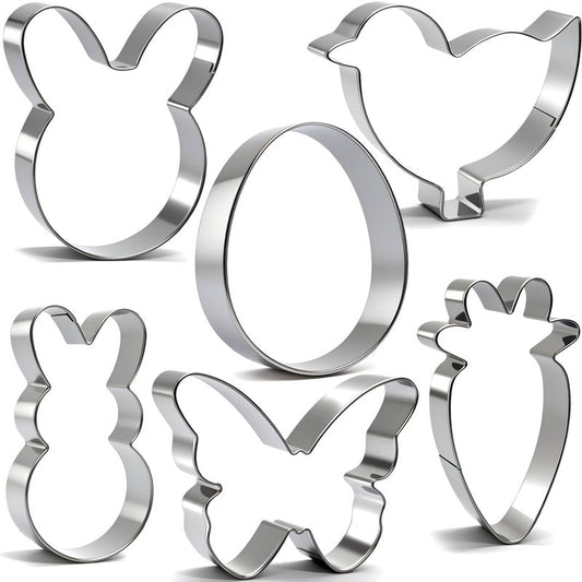 6Pcs Large Easter Cookie Cutters for Kids, 4'' Bunny Head, Egg, Chicken, Rabbit, Carrot, Butterfly Shapes, Metal Biscuit Molds for Easter Spring Holiday Themed Baking Supply