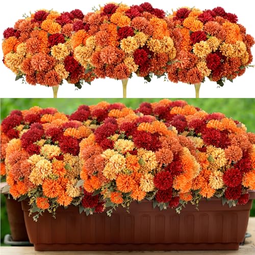 Artificial Fall Flowers Chrysanthemum Ball - Burnt Orange 12 Pcs, Autumn Faux Mums