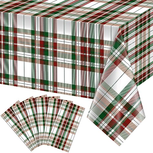 6Pcs Christmas Plaid Tablecloths 54x108 in Red & Green - disposable, waterproof party backdrop