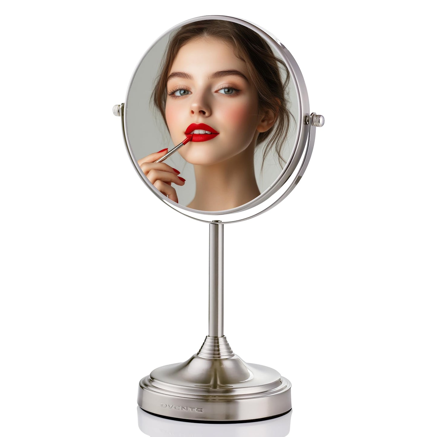 OVENTE 7'' Tabletop Makeup Mirror with 1X/7X Magnification, 360° Swivel Design and Double-Sided Free-Standing Vanity Mirror Perfect for Dresser, Bedroom and Office Desk, Nickel Brushed MNLCT70BR1X7X