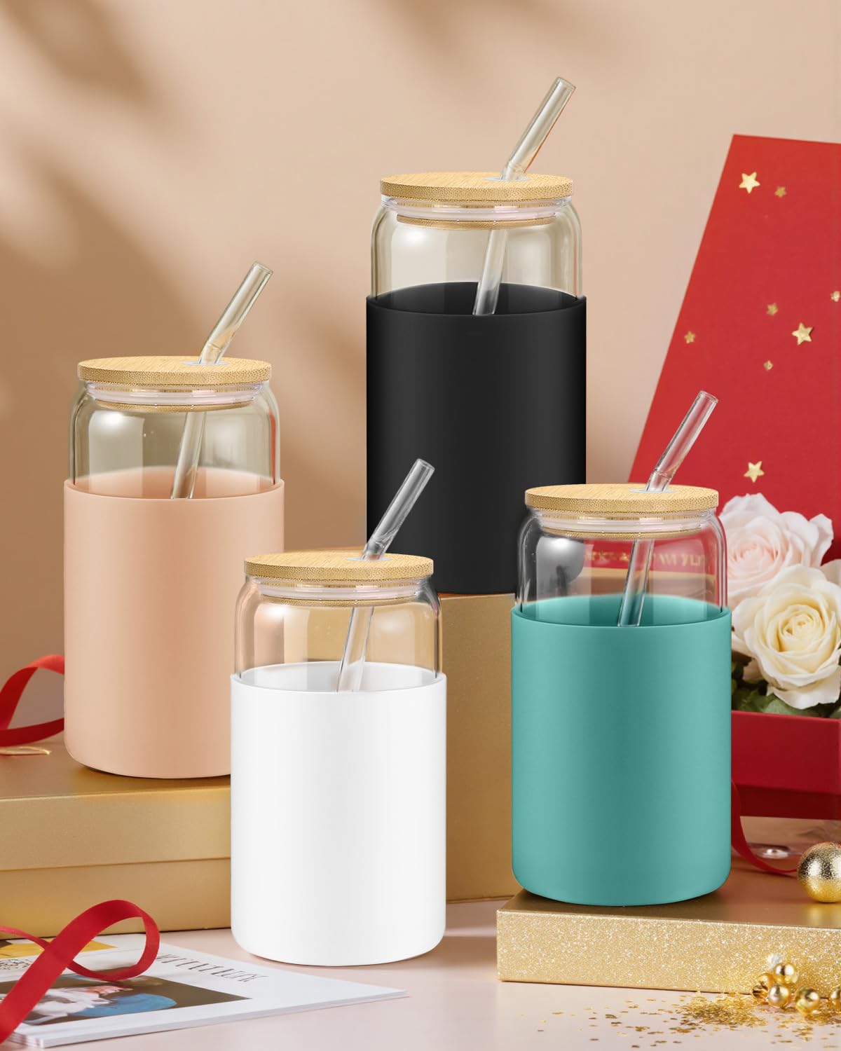 sungwoo Glass Cups with Lids and Straws, 4 Pack 16OZ Iced Coffee Cups with Silicone Sleeve, Glass Tumbler with Straw and Bamboo Lid, Home Essential Drinking Set for Juice, Cocktail and Latte 4 Colors