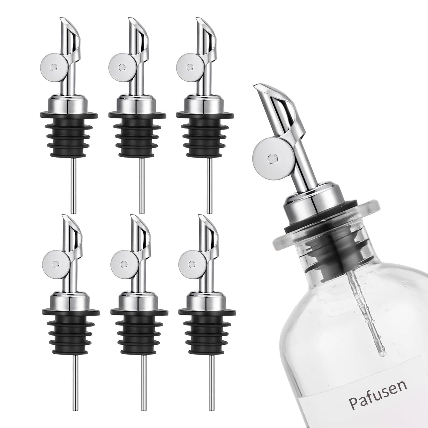 Pafusen 6 Pack Auto Flip Olive Oil Dispenser, Liquor Pour Spout, Oil Dispenser for Kitchen, Easily Turn Your Bottles into Dispensers for Liquor, Vinegar, Coffee Syrup or Oils, Weighted Pourer, Silvers