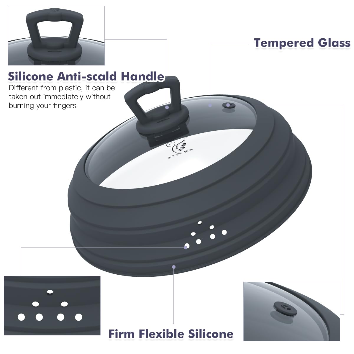 Microwave Splatter Cover Vented Glass Splatter Guard Lid with Collapsible Silicone for Food as Pot Cover Plate 10.8 inch for 6 7 8 9 10 inch Plate Bowl