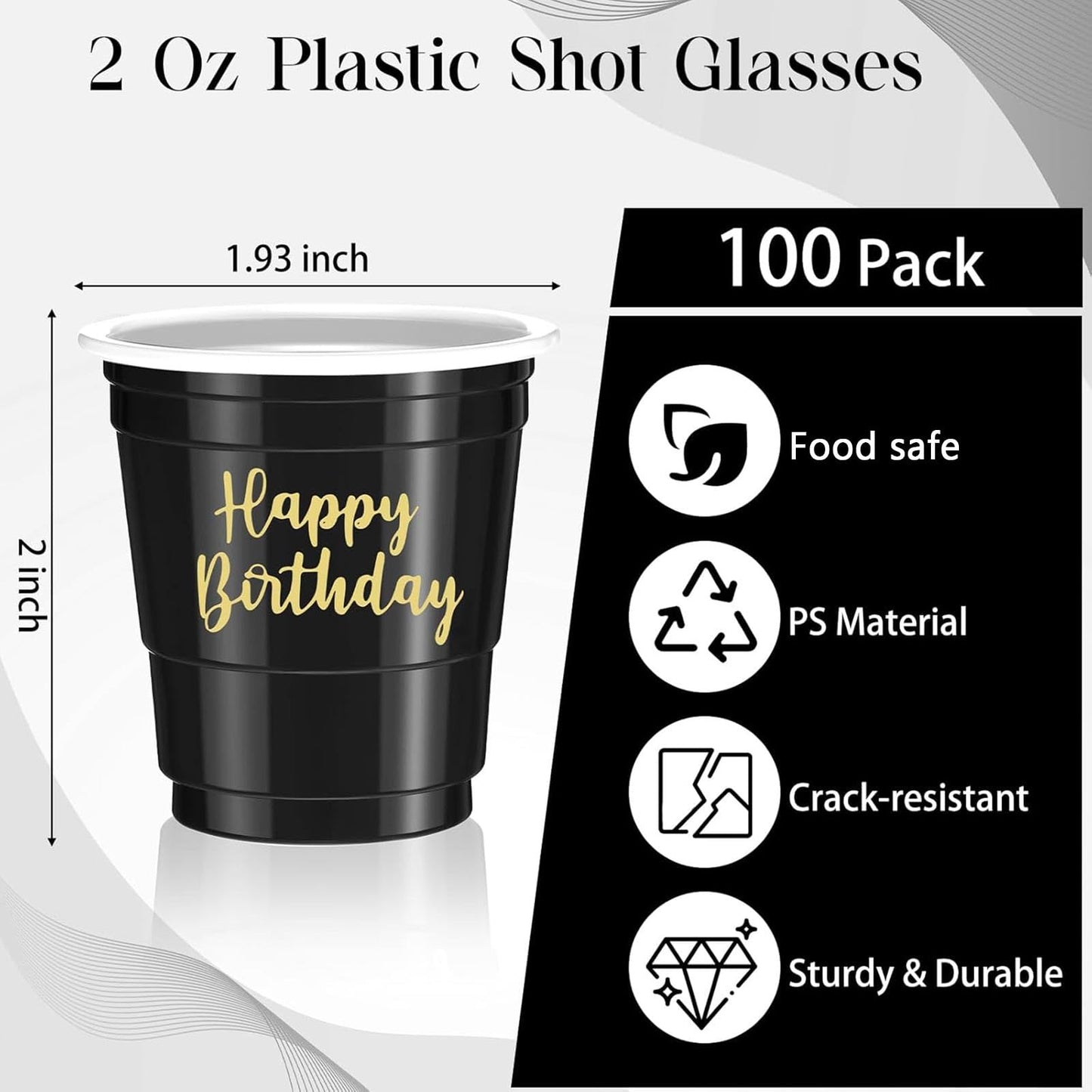Layhit 100 Pcs Happy Birthday Plastic Shot Glasses 2oz Disposable Shot Cups for Party Mini Drinking Cups for Birthday Wedding Party Favors Tasting Serving Snacks Samples(Black)