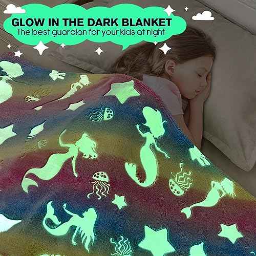 Cloele Glow in The Dark Blanket Mermaid Toys for 2 3 4 5 6 7 8 9 10 Year Old Kids Girls - Mermaids Room Decor Flannel Travel Throw Blanket Glowing Luminous Birthday Christmas Valentines Gifts,50"x60"