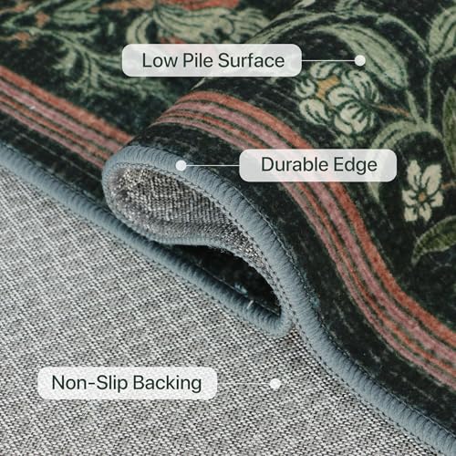 Vintage Floral Washable Area Rug - Forest Green 8' x 10' Rectangular