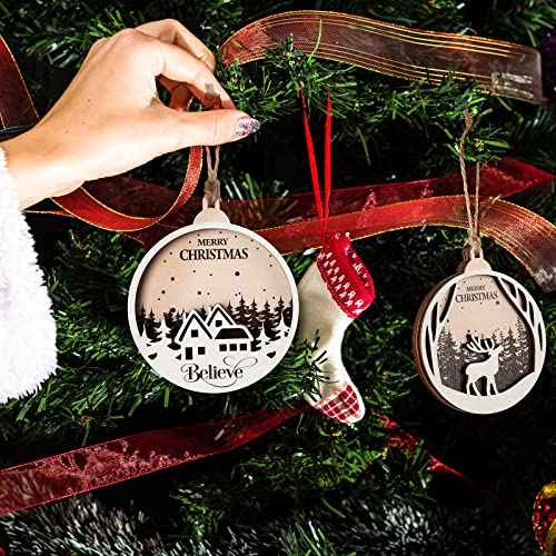 Jetec 6 Pcs Christmas Ornaments for Tree Wooden Christmas Hanging Decorations Rustic Hollow Woodland Reindeer Snowflake for Tree Winter Farmhouse Party Decor Home(Round Style)
