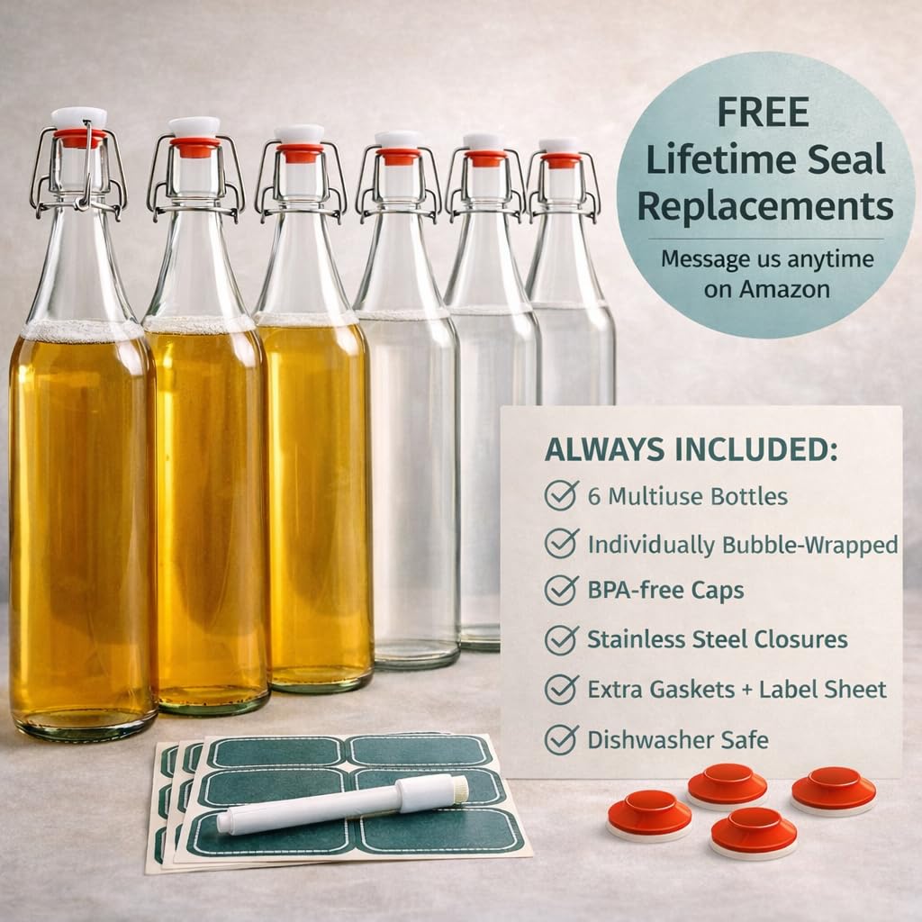 Otis Classic Swing Top Glass Bottles - Set of 6, 16oz w/Marker & Labels - Clear Bottle with Caps for Juice, Water, Kombucha, Wine, Beer Brewing, Kefir Milk or Eggnog