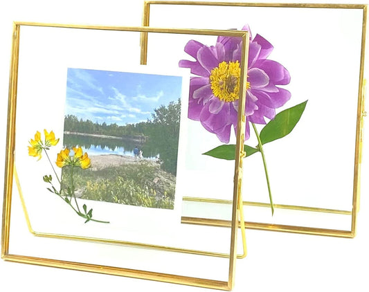 Beedecor Double Glass Frame for Pressed Flowers, Leaf and Artwork,Gold 6x6 Standing Square Metal Picture Frames, Set of 2 Pressed Flower Frames with Stand (Gold, 6x6)