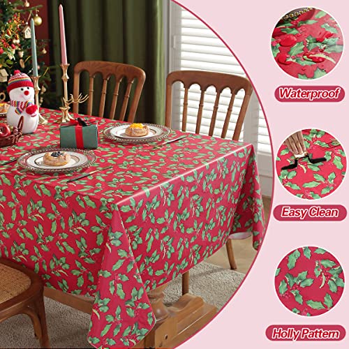 SASTYBALE 60 x 120 in Red Floral Holly Tablecloth | Vinyl with Flannel Backing, Waterproof Rectangle Plastic Table Cover